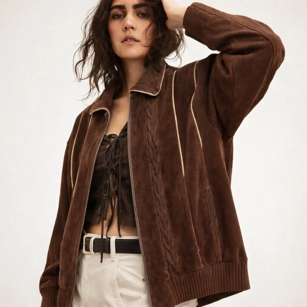 R.O.C Vintage Suede Leather Sweater Bomber Jacket Coat Brown Western XL